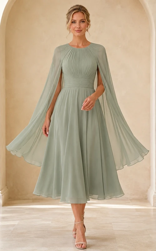 Sage High Neck Long Sleeve Chiffon Cape A-Line Tea-length Formal Dress