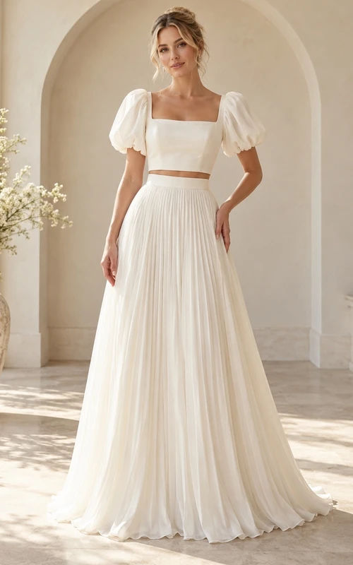 Simple Two Piece Square Neck Puff Sleeve Flowing Wedding Dress