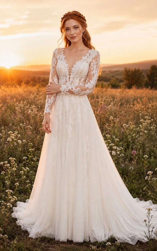 Open Back Long Sleeve Tulle Bohemian Sunset Bridal Gown