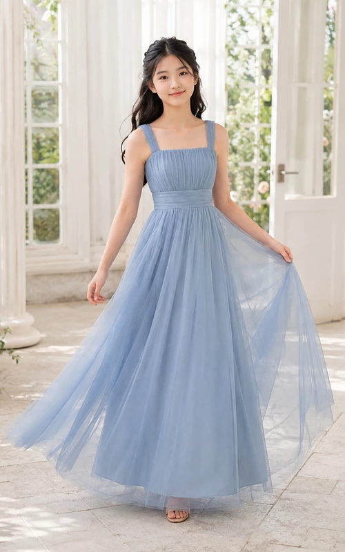Vestido azul cielo para dama de honor junior, corte en A, sin mangas.