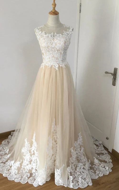 Schlichtes, bodenlanges, ärmelloses A-Linien-Abendkleid aus Spitze mit Applikationen
