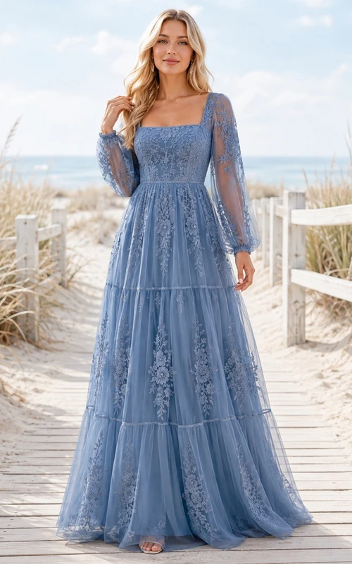 Boho Long Sleeve Square Neck Blue Lace A-Line Floor-Length Gown