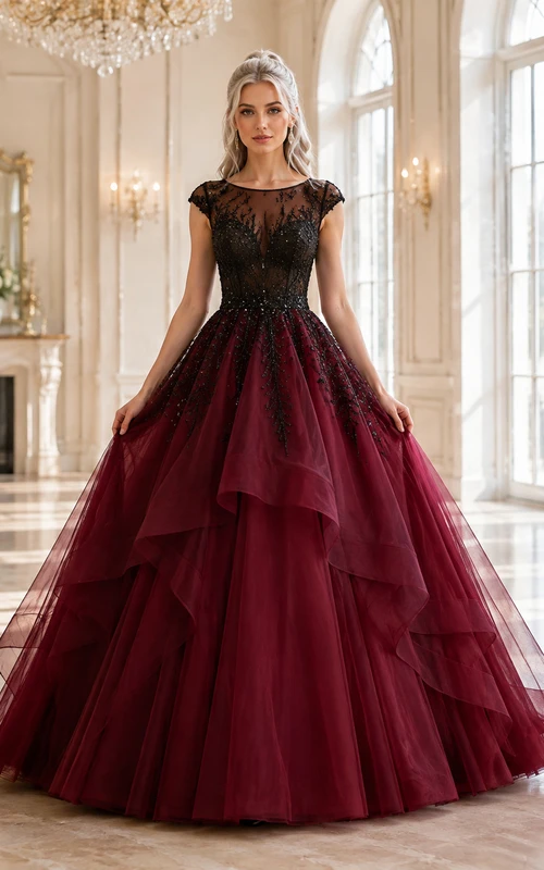 Vestido de noche largo hasta el suelo, color burdeos, con escote barco, manga corta, tul, encaje, lentejuelas, efecto ilusión y cremallera en la espalda.