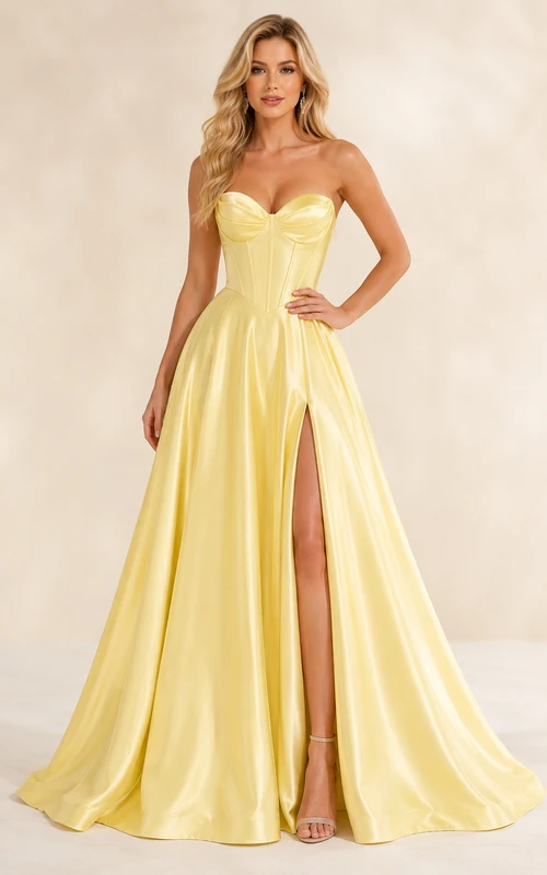 Ballkleid in Narzissengelb, Satin, A-Linie, trägerlos, herzförmiger Schnitt mit Schlitz, bodenlang