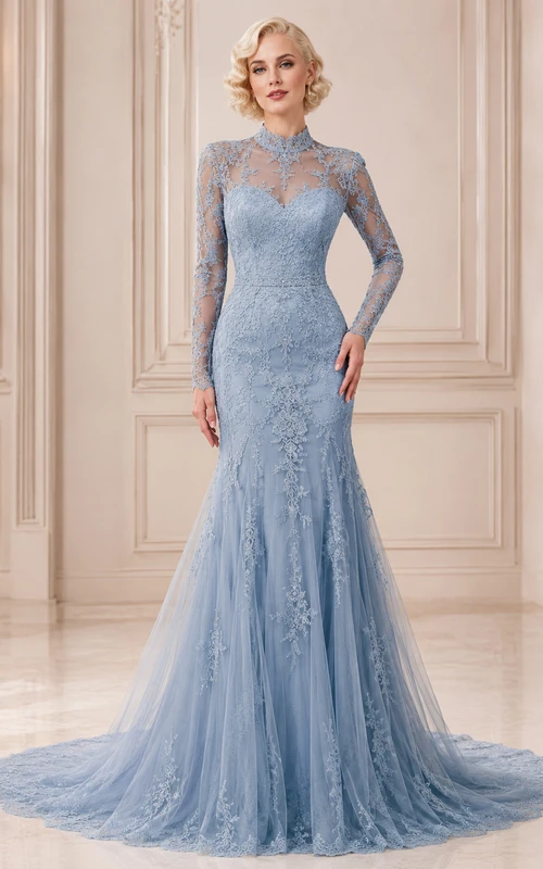 Robe de mariée sirène bleu ardoise de luxe, col montant, manches longues en dentelle illusion, coupe sirène, col montant et manches longues en dentelle illusion.