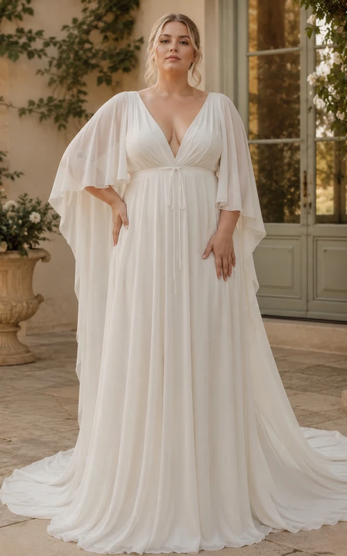 Vestido de novia de gasa estilo griego Fairy Empire con escote pronunciado, mangas de poeta y cola Watteau.