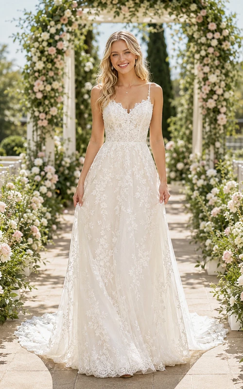 Spaghetti Strap Floral Lace Garden Bridal A Line Gown