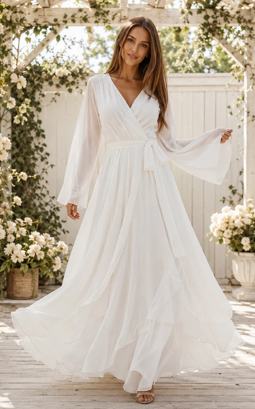 White V-Neck Poet Sleeve Chiffon Bohemian Formal Gown