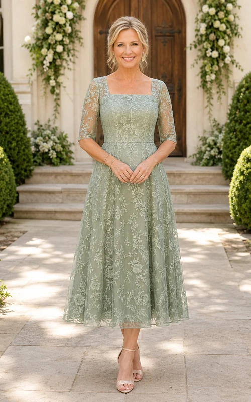 Robe de mère en dentelle, coupe trapèze, longueur thé, col carré, couleur sauge