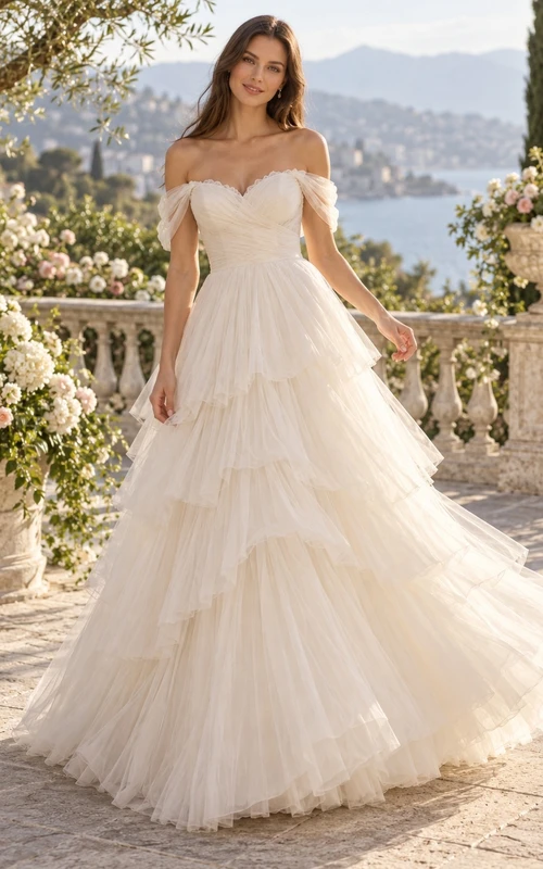 Vestido de novia largo, vaporoso, romántico, de tul con escote corazón, corpiño fruncido y volantes, con hombros descubiertos.