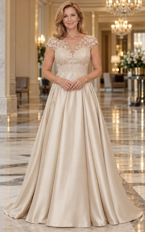 Champagne Satin A-Line Wedding Dress for Older Brides with Lace Cap Sleeves and Court Train
