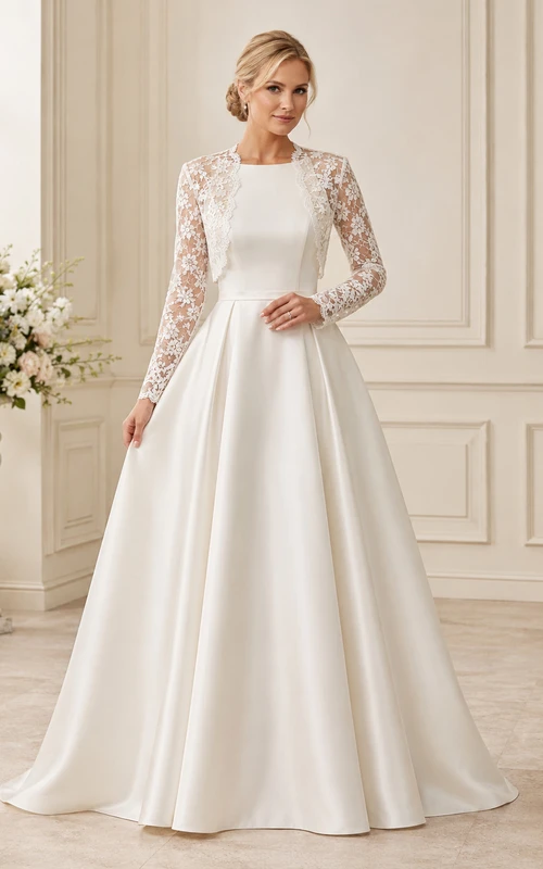 Schlichtes Brautkleid aus Satinspitze, A-Linie, Rundhalsausschnitt, lange Ärmel und Schleppe