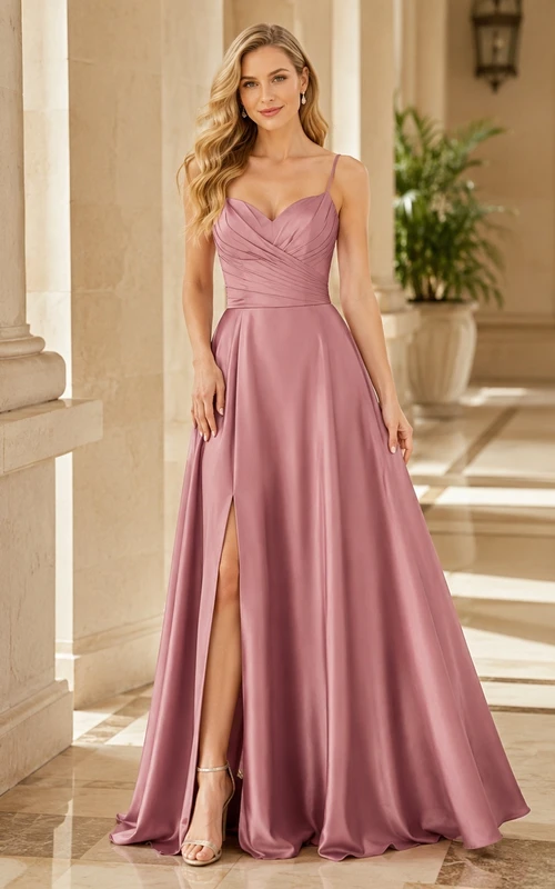 Dusty Rose Spaghetti Sweetheart Draped Satin A-Line Split Sweep Gown