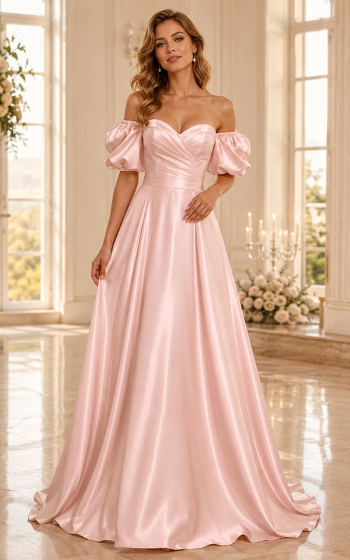 Robe de mariée rose poudré en satin, coupe trapèze, épaules dénudées et manches bouffantes