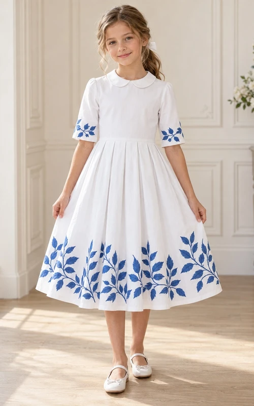 Schlichtes, schlichtes weißes Teelängenkleid mit Peter-Pan-Kragen, Ellbogenärmeln, gezacktem Blättermuster und breiten Falten in A-Linie – perfekt für Blumenmädchen.