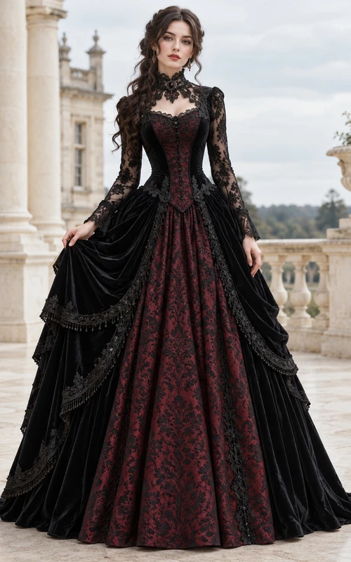 Robe gothique victorienne noire à col montant et manches longues en dentelle drapée