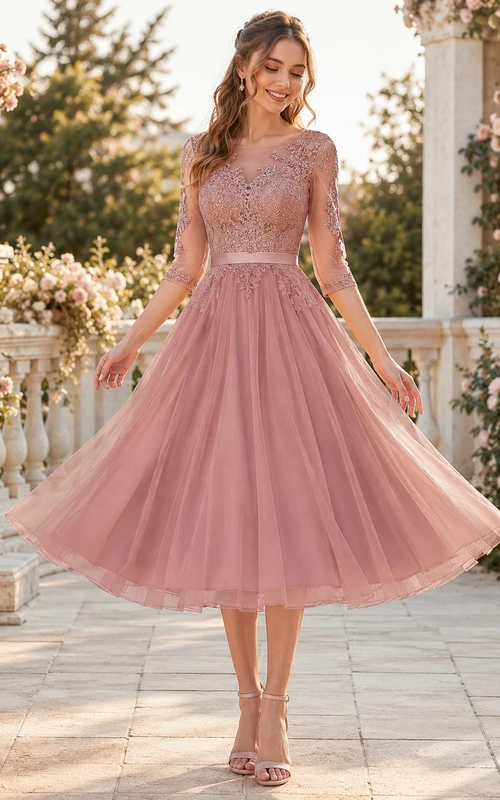 Vestido de invitada de corte A, largo midi, con escote corazón, mangas tres cuartos, botones y encaje floral, color rosa empolvado.