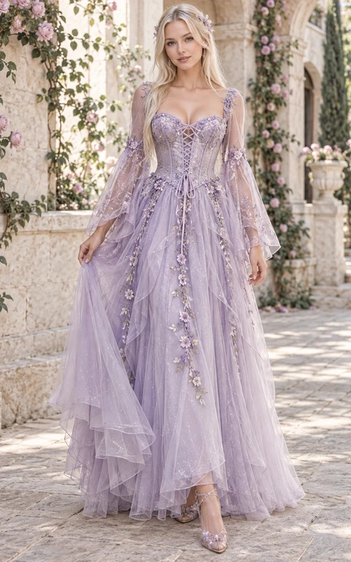 Vestido de encaje floral con mangas acampanadas y corsé de capas color lavanda de hada