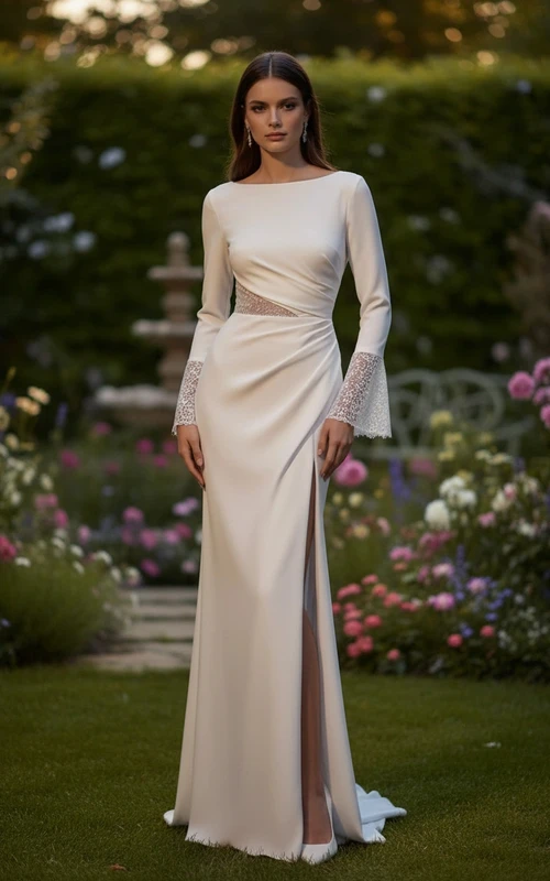 Robe de mariée élégante fourreau à manches longues et fente haute, ornée de dentelle.