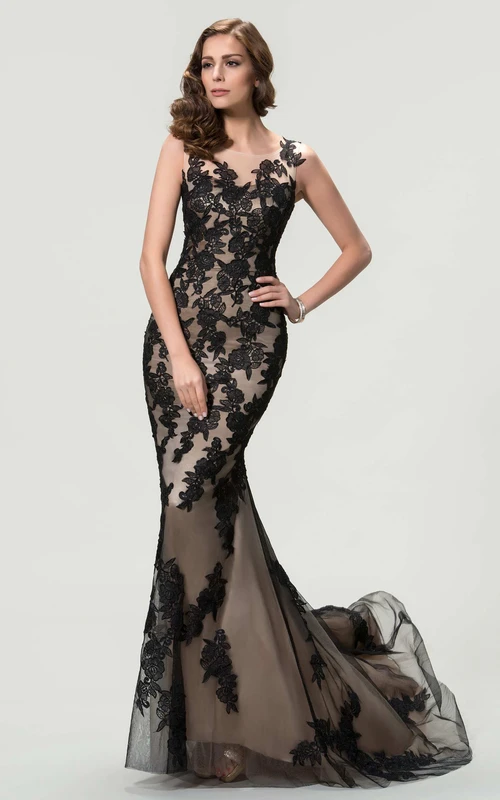 Robe longue sirène sans manches à col bateau en dentelle