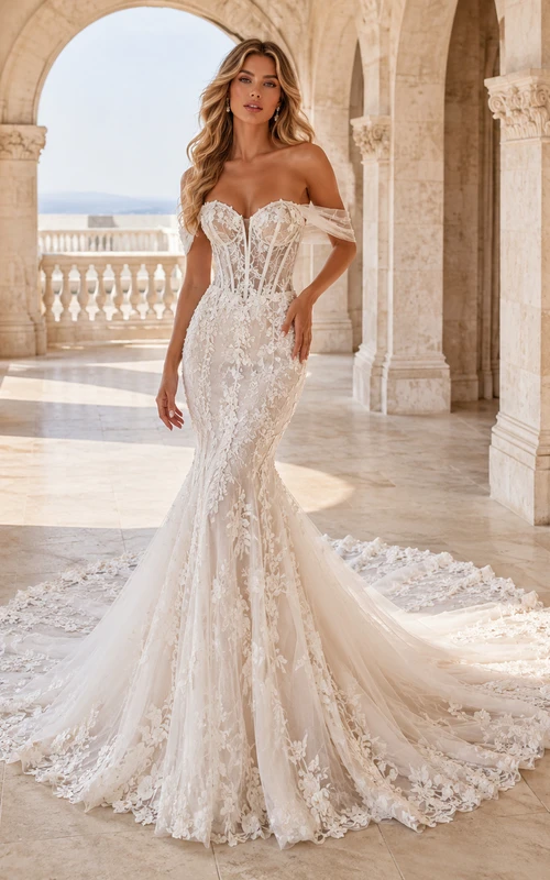 Robe de mariée sirène bustier en dentelle rayonnante, traîne chapelle, ornée d'appliqués floraux, style jardin
