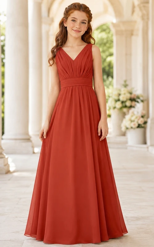 Vestido de dama de honor juvenil color bermellón, corte en A, largo hasta el suelo, escote en V, sin mangas, corpiño plisado, estilo romántico.