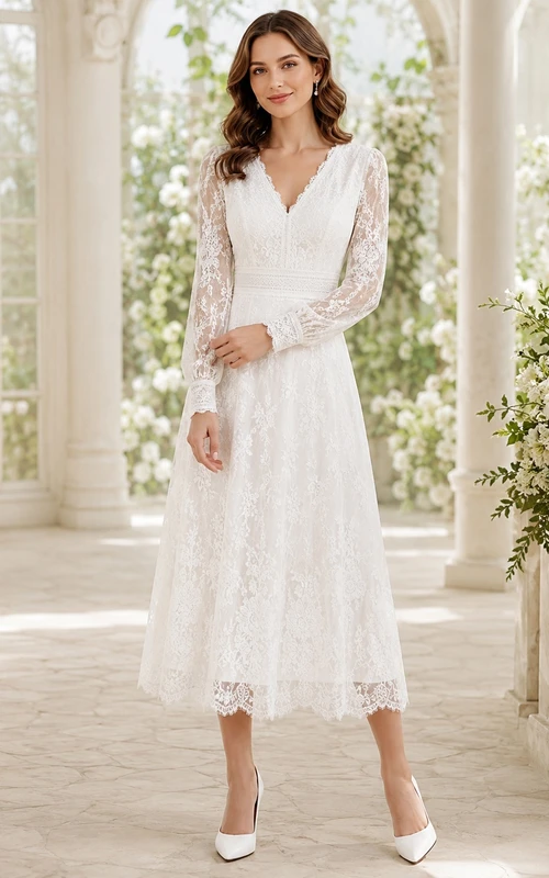 Civil Courthouse Modest Long Sleeve V-Neck Lace A-Line Tea-Length Wedding Dress