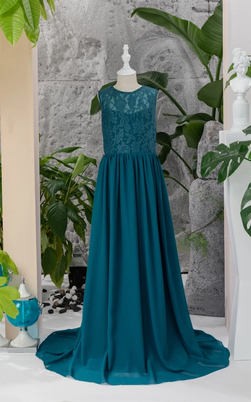 Vestido largo azul marino sin mangas con escote redondo para niña de las flores y top de encaje.