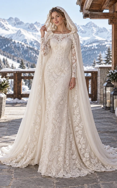Vestido de novia tipo capa con capucha, escote barco y encaje floral, manga larga
