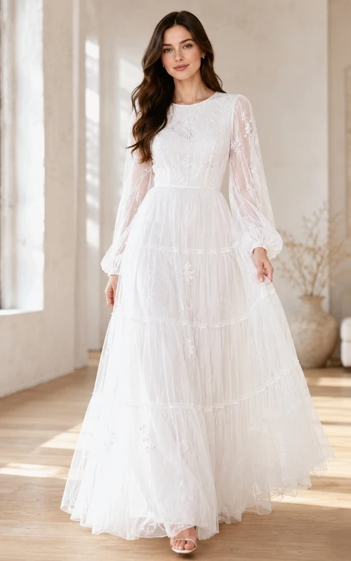 Boho Long Sleeve Jewel Neck Tiered Tulle A-Line Floor-Length Wedding Dress