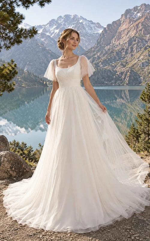 Vestido de novia sencillo de tul con escote redondo y mangas cortas, corte en A