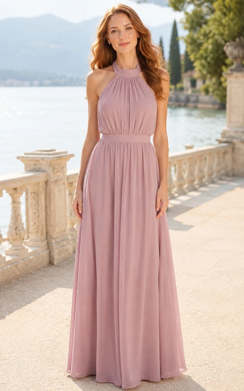 Dusty Rose Halter High Neck Chiffon Floor Length A Line Dress