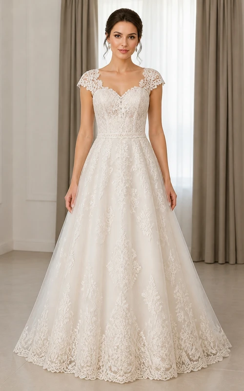 Vestido de novia vintage de talla grande con escote corazón, encaje y mangas cortas, estilo princesa.
