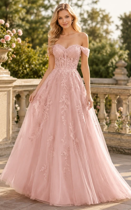 Perlmuttrosa schulterfreies, kurzärmeliges Tüll-Ballkleid, bodenlang, mit Blumenmuster