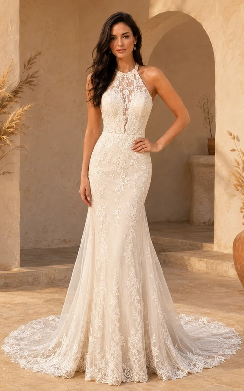 Vestido de novia bohemio de encaje con escote en V, sin mangas y cola de sirena.