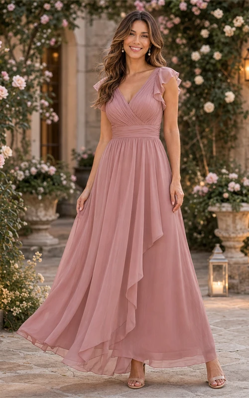 Vestido largo de gasa color rosa empolvado con mangas acampanadas