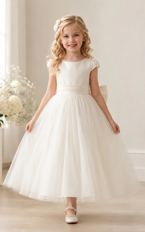 Bow Back Tulle A-Line Flower Girl Dress with Jewel Neck and Tea-Length Skirt