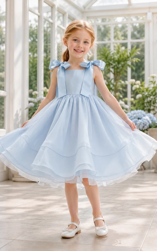 Vestido de niña de flores de gasa azul cielo con corte en A, escote cuadrado y lazo en la espalda.