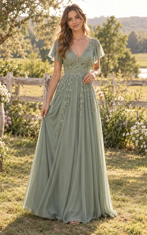 Vestido de dama de honor de gasa floral con escote en V y mangas con volantes, estilo bohemio campestre.