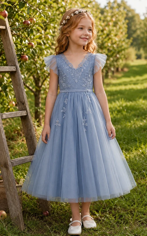 Blaues A-Linien-Kleid aus Tüllspitze für Blumenmädchen mit kurzen Ärmeln, V-Ausschnitt, wadenlangem Rock und Schleifendetail.