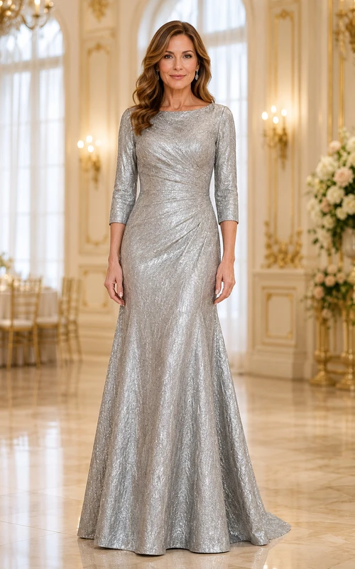 MOB-Kleid, silberfarben, Pailletten, Stretch-Satin, Meerjungfrauen-Stil, 3/4-Ärmel, U-Boot-Ausschnitt, bodenlang, gerafft