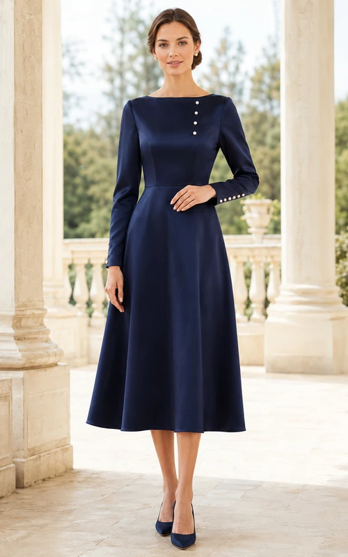 Vestido de fiesta azul marino oscuro de satén con escote barco, manga larga y botones de perlas, corte en A.