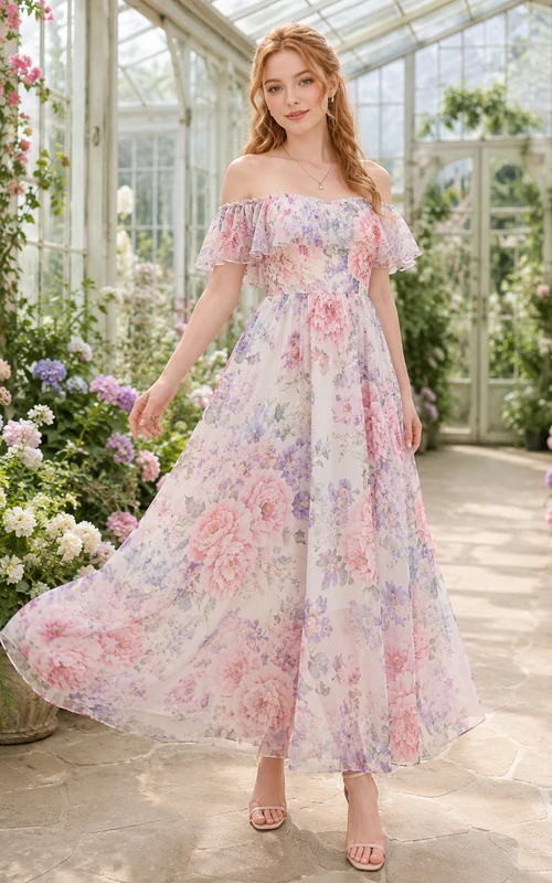Pastel Floral Off Shoulder Chiffon Garden Maxi Dress