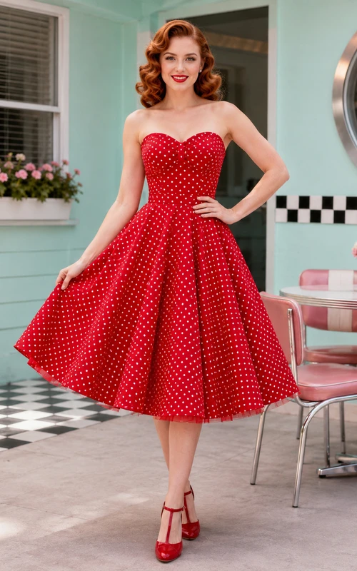 Red Polka Dot Strapless Sweetheart Satin Vintage Tea Cocktail Dress