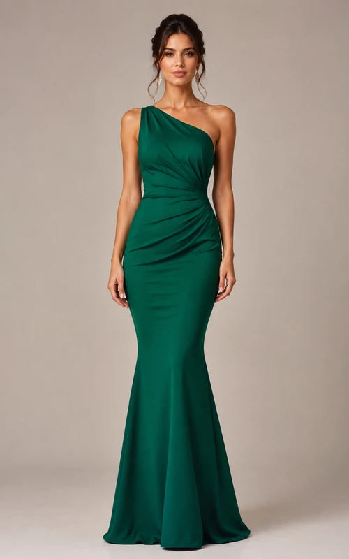 Robe de bal sirène asymétrique en satin stretch avec fronces