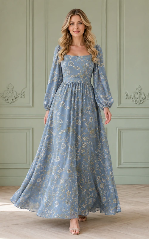 Blue Victorian Botanical Print Square Neck Long Sleeve Maxi Dress