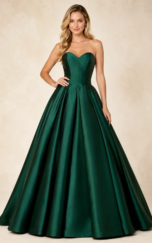 Dark Green Satin Strapless Sweetheart Pleated Floor-length Ball Gown Formal Dress