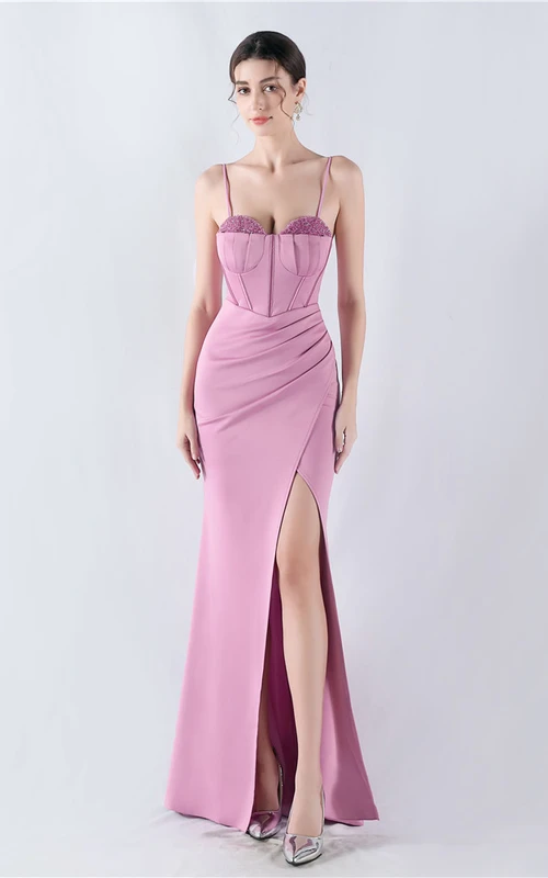 Fishbone Waist Set Crystal Diamond Satin Host Evening Dress