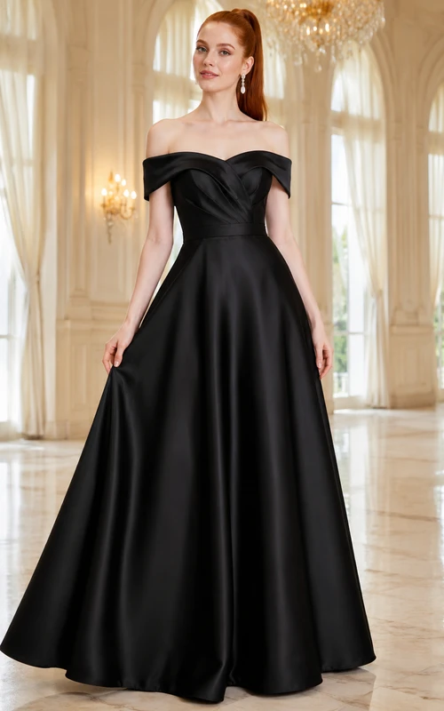 Schwarzes schulterfreies Ballkleid aus Satin mit weitem Rock