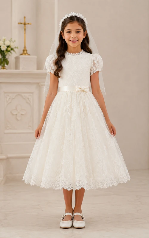 Robe de première communion en dentelle, manches bouffantes, longueur thé, avec voile